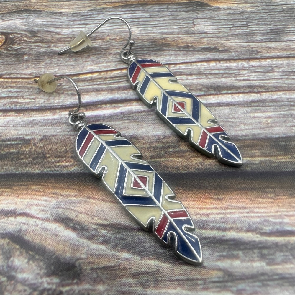 Enamel Feather Dangle Earrings Red Blue Cream Silver Tone Boho Statement Gift